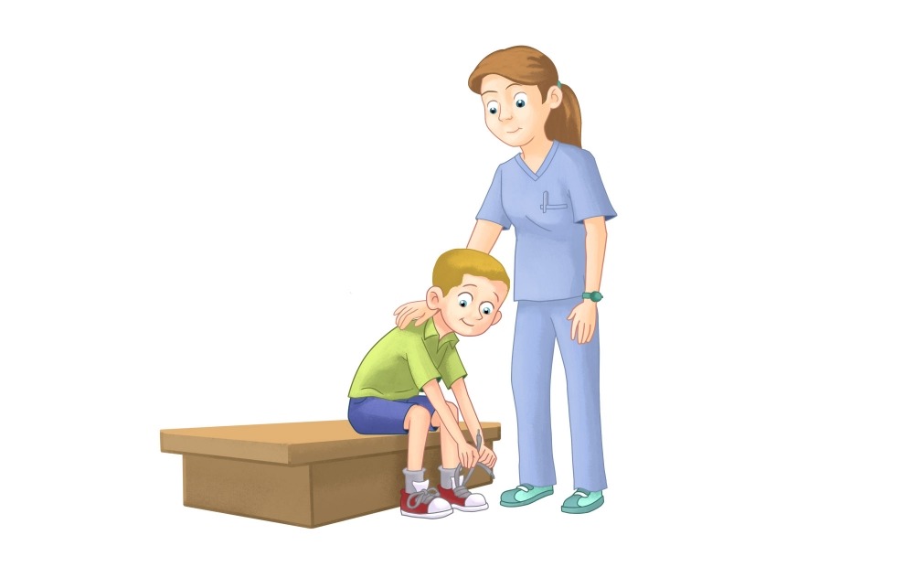 治療師幫助腦性癱瘓患者進行日常活動。?