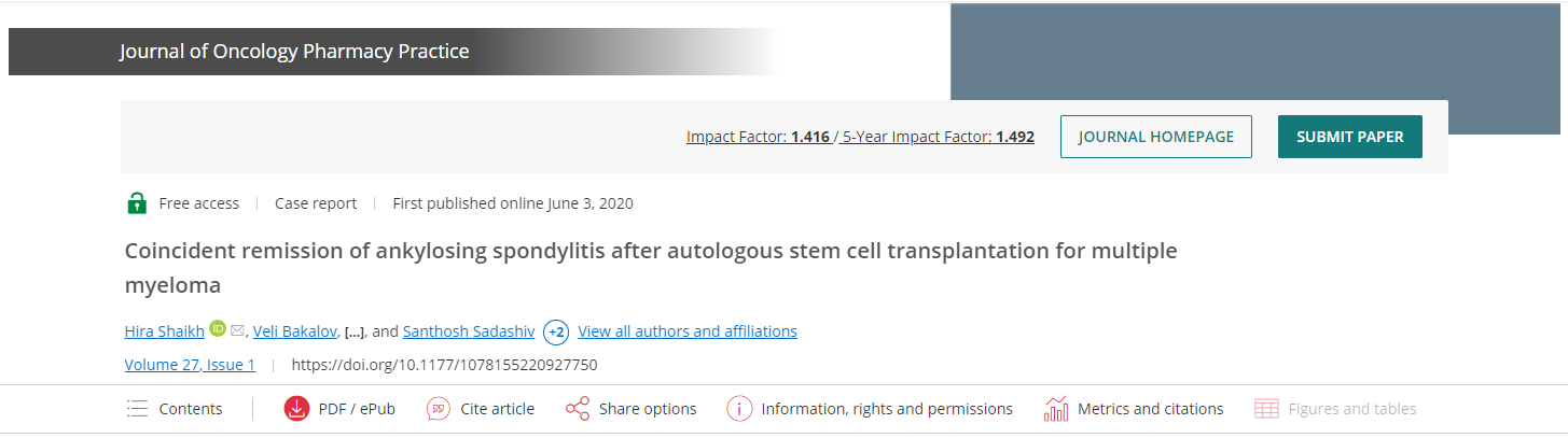 自體干細胞移植治療多發性骨髓瘤后強直性脊柱炎同時緩解
