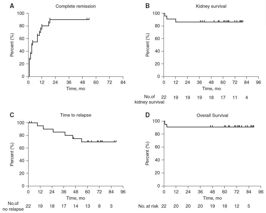 圖3:隊列中患者的完全緩解概率、腎臟存活率、復發(fā)時間和總體存活率。 圖4:隊列中患者的完全緩解概率、腎臟存活率、復發(fā)時間和總體存活率。