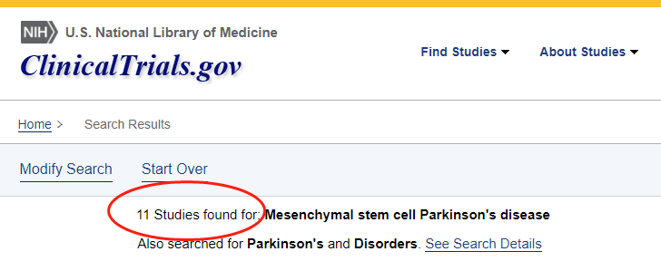 clinicaltrials.gov網(wǎng)站上注冊的有關(guān)間充質(zhì)干細(xì)胞治療帕金森病的臨床研究項(xiàng)目有11項(xiàng)。