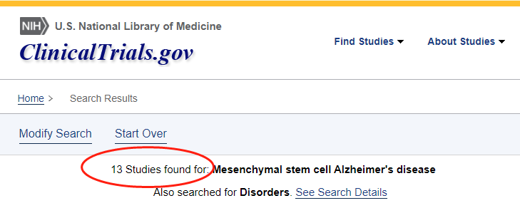 clinicaltrials.gov網(wǎng)站上注冊的有關(guān)間充質(zhì)干細(xì)胞治療阿爾茨海默氏病的臨床研究項(xiàng)目有13項(xiàng)。