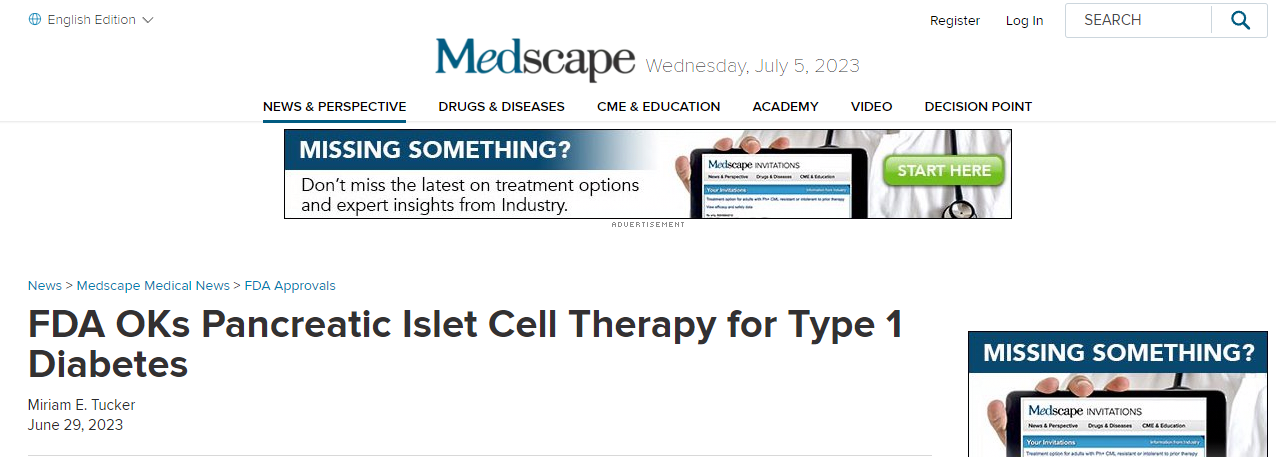 FDA批準Lantidra，首個治療1型糖尿病的細胞療法