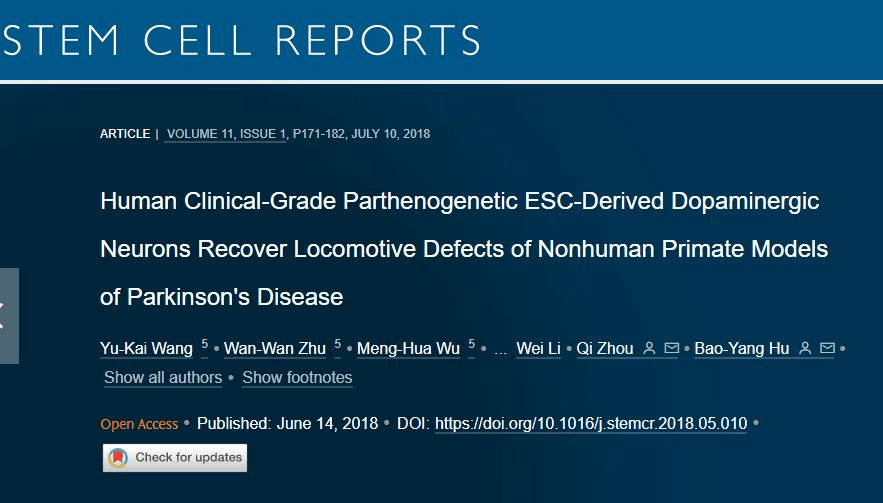 人類臨床級(jí)孤雌生殖 ESC 衍生的多巴胺能神經(jīng)元可恢復(fù)非人類靈長類動(dòng)物帕金森病模型的運(yùn)動(dòng)缺陷