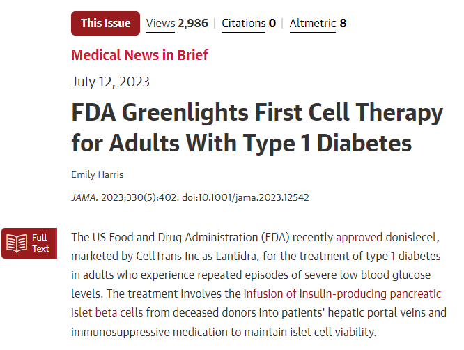 FDA批準首個針對成人1型糖尿病的細胞療法