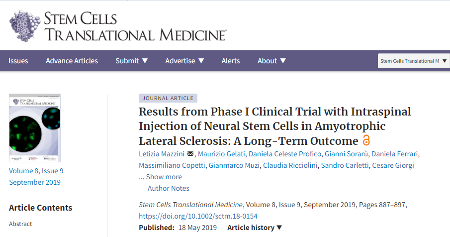 脊髓內注射神經干細胞治療肌萎縮性側索硬化癥的I期臨床試驗結果：一個長期結果