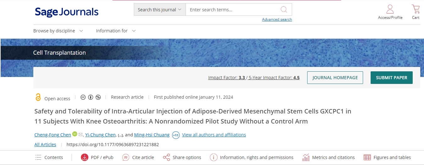 《細胞移植》期刊：關節內注射干細胞顯著改善骨關節炎患者的疼痛和膝關節功能