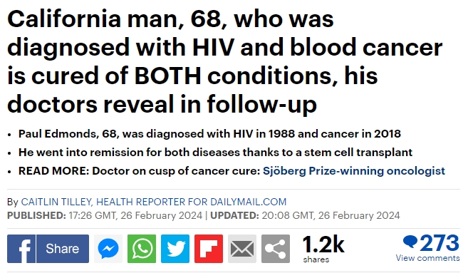 加州男子在干細(xì)胞移植后“治愈”了癌癥和艾滋病毒，康復(fù)情況令人驚嘆