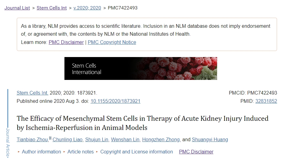 間充質干細胞在動物模型中治療急性腎缺血再灌注損傷的療效