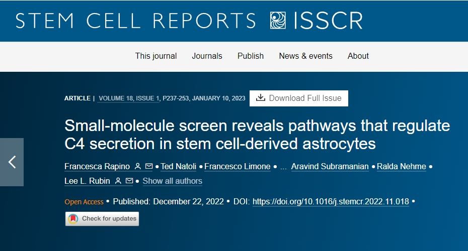 小分子篩選揭示調節干細胞來源的星形膠質細胞中 C4 分泌的途徑 小分子篩選揭示調節干細胞來源的星形膠質細胞中 C4 分泌的途徑