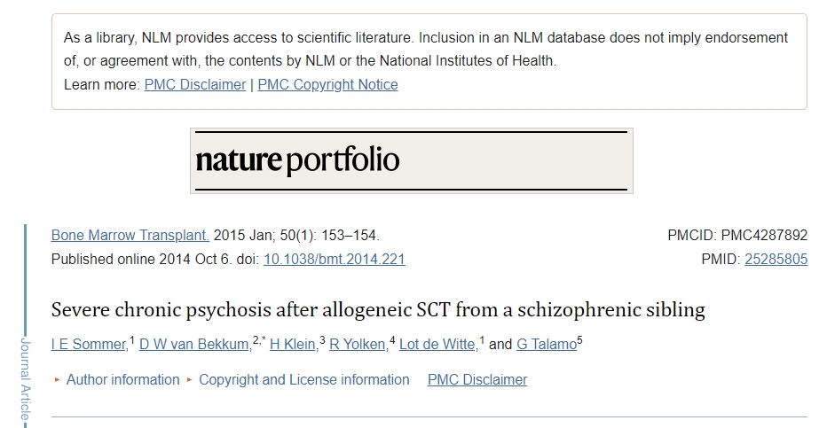 接受來(lái)自精神分裂癥同種異體 SCT 后出現(xiàn)嚴(yán)重慢性精神病 接受來(lái)自精神分裂癥同種異體 SCT 后出現(xiàn)嚴(yán)重慢性精神病