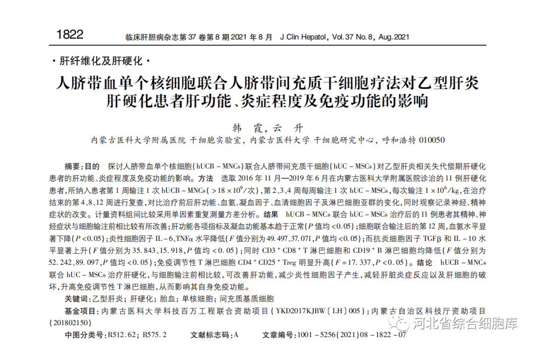 人臍帶血單個核細胞聯(lián)合人臍帶問充質(zhì)干細胞療法對乙型肝炎肝硬化患者肝功能、炎癥程度及免疫功能的影響