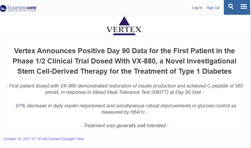 Vertex 宣布 1/2 期臨床試驗中首位接受 VX-880 治療的患者第 90 天的陽性數(shù)據(jù)，VX-880 是一種用于治療 1 型糖尿病的新型試驗性干細胞衍生療法