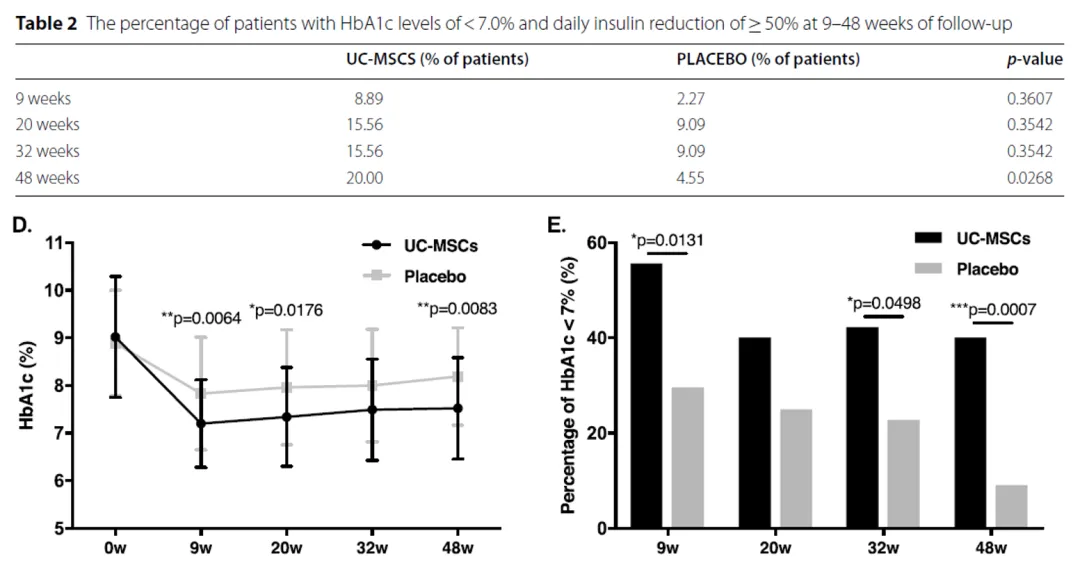接受間充質干細胞治療的患者在48周后,20%的人糖化血紅蛋白(HbA1c)水平低于7.0%,日均胰島素用量減少了一半以上 接受間充質干細胞治療的患者在48周后,20%的人糖化血紅蛋白(HbA1c)水平低于7.0%,日均胰島素用量減少了一半以上