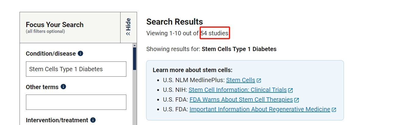 干細胞治療1型糖尿病的臨床研究項目有54項。其中已完成的有13項。
