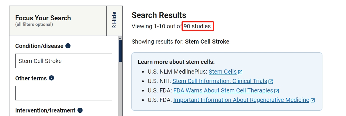 干細胞治療中風的臨床研究項目有90項。其中已完成的有33項。
