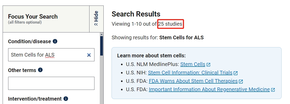 干細(xì)胞治療肌萎縮側(cè)索硬化癥的臨床研究項(xiàng)目有25項(xiàng)。其中已完成的有8項(xiàng)。