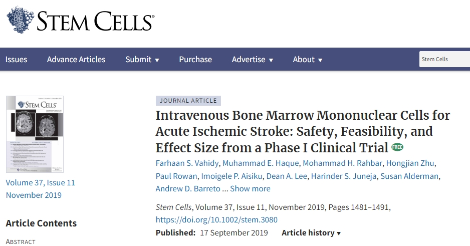 靜脈注射骨髓單核細胞治療急性缺血性中風：I 期臨床試驗的安全性、可行性和效果大小