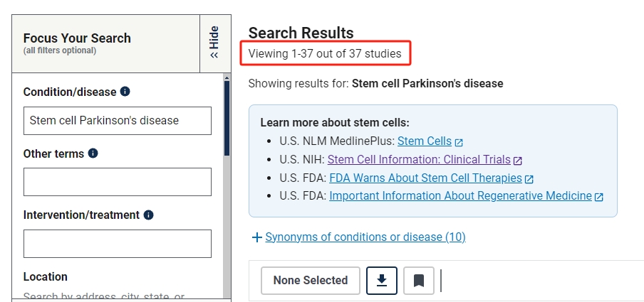 干細胞治療帕金森病的臨床研究項目有37項。