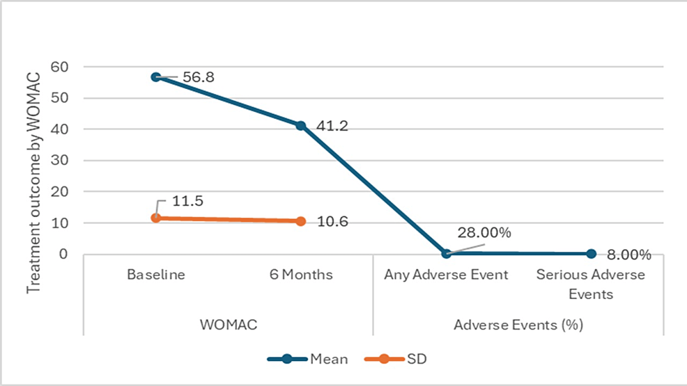 圖4：西安大略大學(xué)和麥克馬斯特大學(xué)關(guān)節(jié)炎指數(shù) (WOMAC) 六個(gè)月隨訪的治療結(jié)果