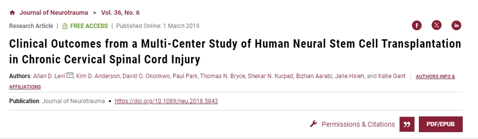 針對慢性頸椎SCI患者進行人類NSC移植的多中心研究的臨床結果 針對慢性頸椎SCI患者進行人類NSC移植的多中心研究的臨床結果