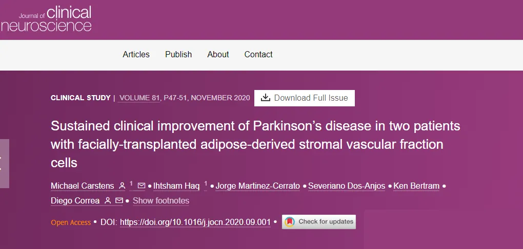 面部移植脂肪來源的基質血管成分細胞后，兩名帕金森病患者病情持續改善