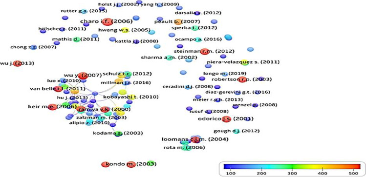 圖6:129篇干細胞治療1型糖尿病高引用出版物的引用計數(shù)網(wǎng)絡可視化 圖6:129篇干細胞治療1型糖尿病高引用出版物的引用計數(shù)網(wǎng)絡可視化