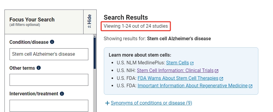 干細胞治療阿爾茨海默病的臨床研究項目有24項。