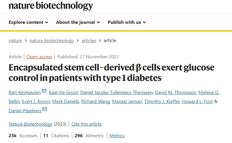 封裝干細胞衍生的 β 細胞對 1 型糖尿病患者發(fā)揮血糖控制作用