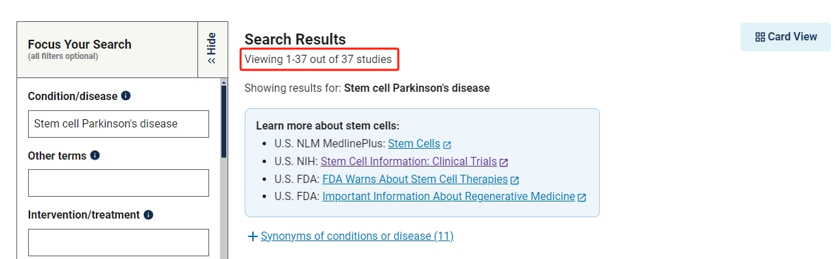 干細(xì)胞治療帕金森病的臨床研究項(xiàng)目有37項(xiàng)。
