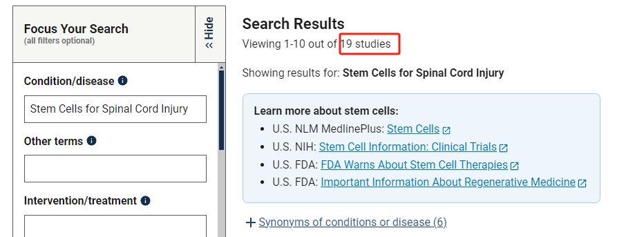 干細(xì)胞治療脊髓損傷臨床研究項(xiàng)目有19項(xiàng)。其中國(guó)內(nèi)發(fā)布的占據(jù)2項(xiàng)。
