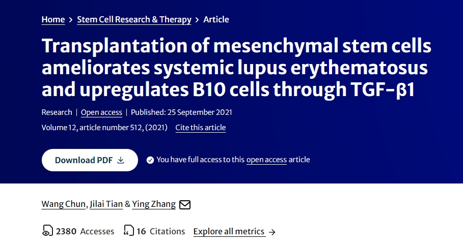 間充質(zhì)干細(xì)胞移植可改善系統(tǒng)性紅斑狼瘡并通過 TGF-β1 上調(diào) B10 細(xì)胞