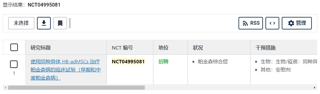 使用同種導(dǎo)體 HB-adMSCs 治療帕金森病的臨床試驗(早期和中度帕金森病)