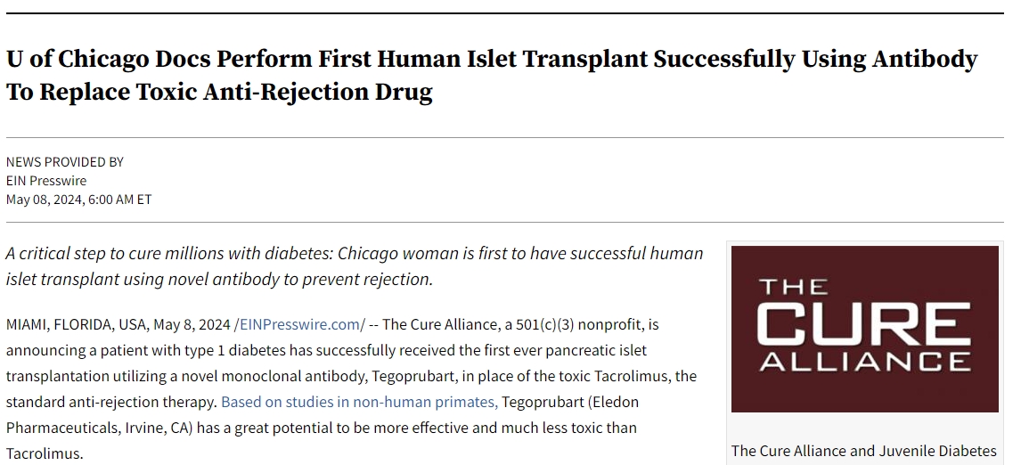 芝加哥大學醫生成功實施首例人類胰島移植手術，使用抗體替代有毒抗排斥藥物