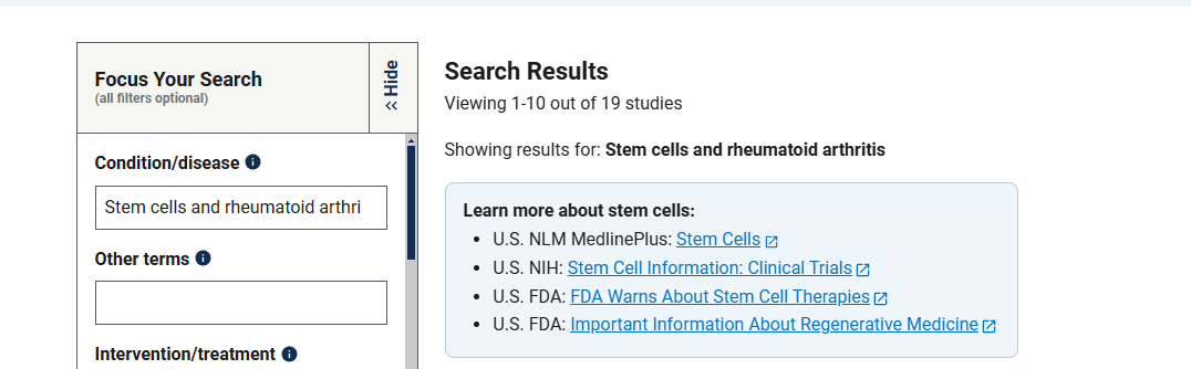 clinicaltrials.gov網(wǎng)站上注冊(cè)的有關(guān)干細(xì)胞治療類風(fēng)濕關(guān)節(jié)炎臨床研究項(xiàng)目有19項(xiàng)