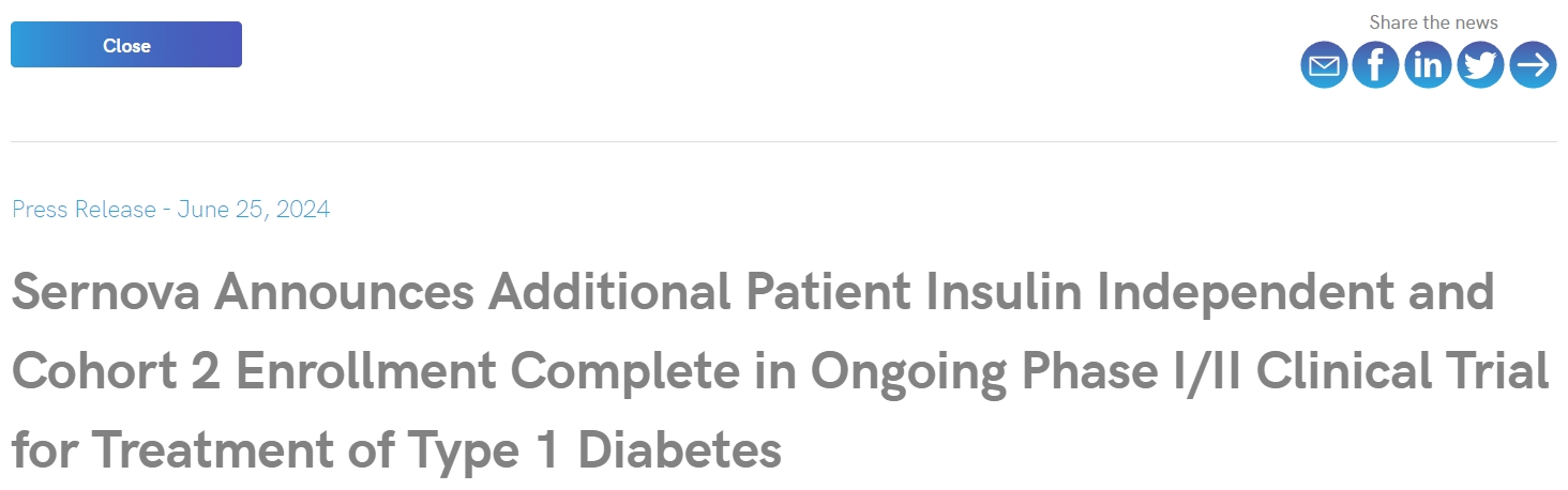 Sernova 宣布正在進行的 1/2 期臨床試驗中，額外的胰島素獨立患者和第 2 組患者入組已完成！用于治療 1 型糖尿病