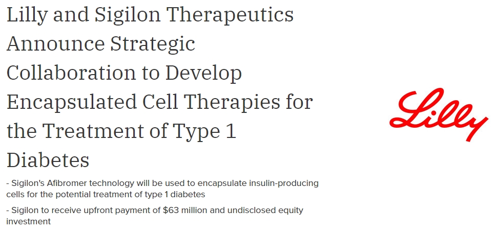 Lilly公司與 Sigilon Therapeutics 宣布開展戰(zhàn)略合作，開發(fā)用于治療 1 型糖尿病的封裝細胞療法