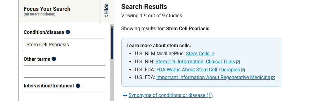 有關干細胞治療銀屑病臨床研究項目有9項，已完成的有4項。