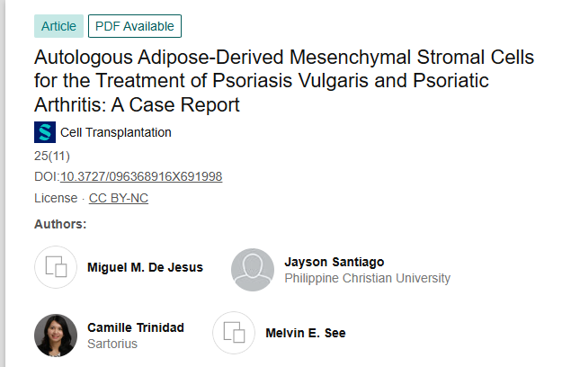 《自體脂肪來(lái)源的間充質(zhì)基質(zhì)細(xì)胞治療尋常型銀屑病和銀屑病關(guān)節(jié)炎:病例報(bào)告》 《自體脂肪來(lái)源的間充質(zhì)基質(zhì)細(xì)胞治療尋常型銀屑病和銀屑病關(guān)節(jié)炎:病例報(bào)告》