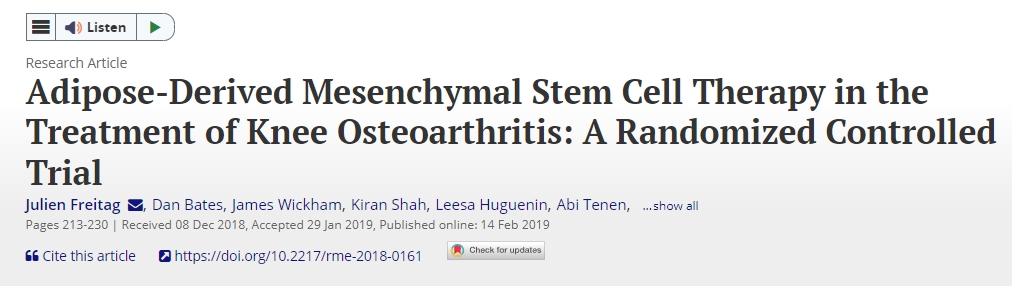 脂肪間充質(zhì)干細(xì)胞療法治療膝關(guān)節(jié)骨關(guān)節(jié)炎:一項隨機(jī)對照試驗 脂肪間充質(zhì)干細(xì)胞療法治療膝關(guān)節(jié)骨關(guān)節(jié)炎:一項隨機(jī)對照試驗