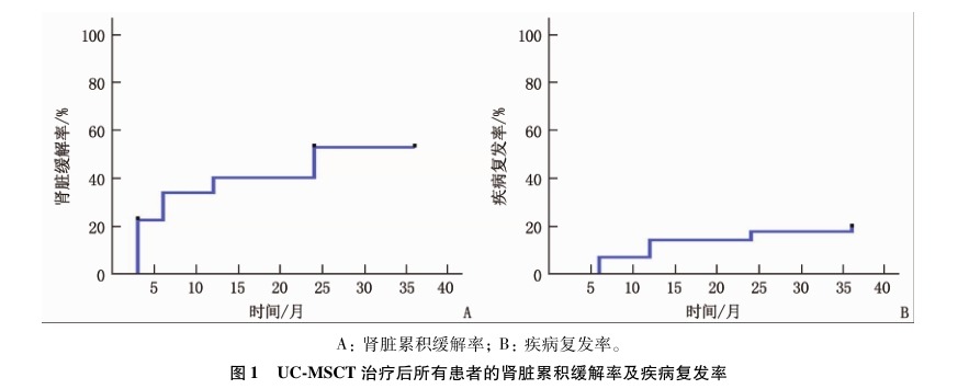 圖1 UC-MSCT 治療后所有患者的腎臟累積緩解率及疾病復發率