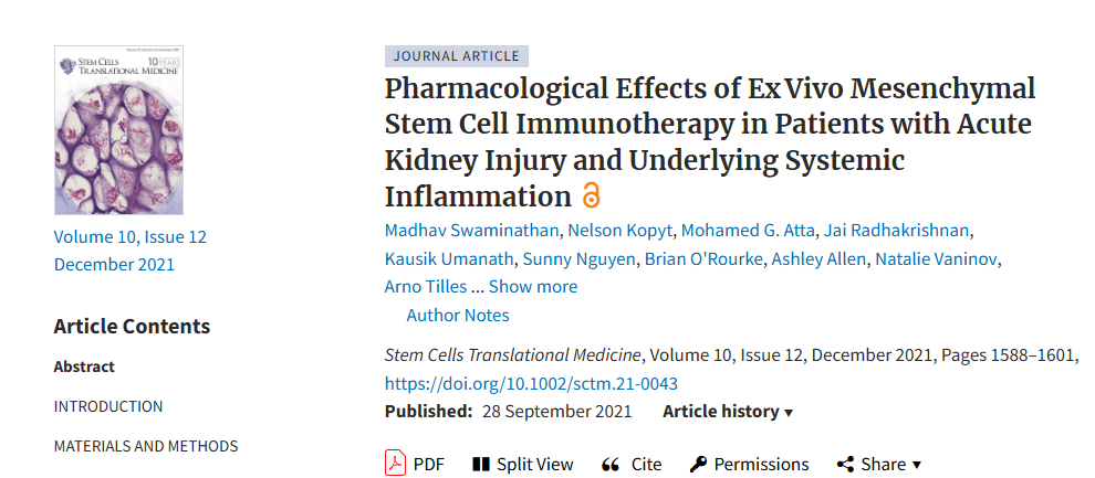《體外間充質(zhì)干細(xì)胞免疫治療對(duì)急性腎損傷和潛在全身炎癥患者的藥理作用》
