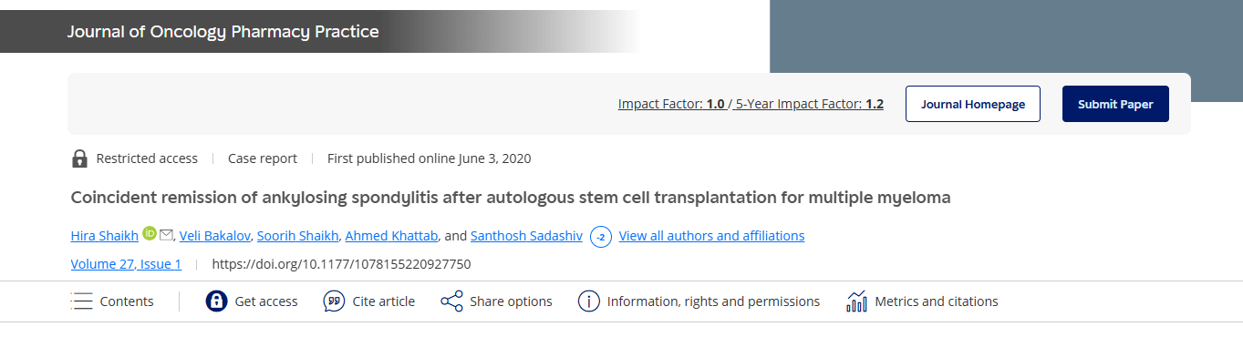 《自體干細胞移植治療多發性骨髓瘤后強直性脊柱炎同時緩解》