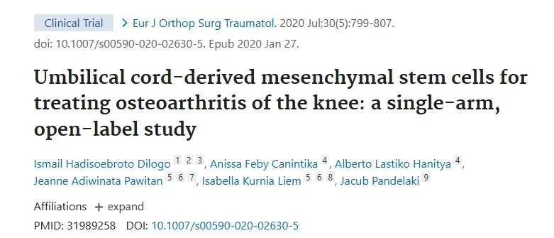 臍帶來(lái)源的間充質(zhì)干細(xì)胞治療膝骨關(guān)節(jié)炎：一項(xiàng)單臂、開(kāi)放標(biāo)簽研究