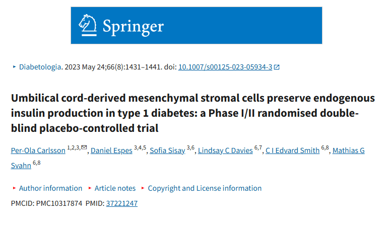 《臍帶間充質基質細胞保留 1 型糖尿病患者的內源性胰島素產生:一項 I/II 期隨機雙盲安慰劑對照試驗》 《臍帶間充質基質細胞保留 1 型糖尿病患者的內源性胰島素產生:一項 I/II 期隨機雙盲安慰劑對照試驗》