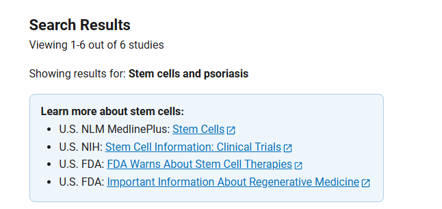clinicaltrials.gov網站上注冊的有關干細胞治療銀屑病的臨床研究項目有6項