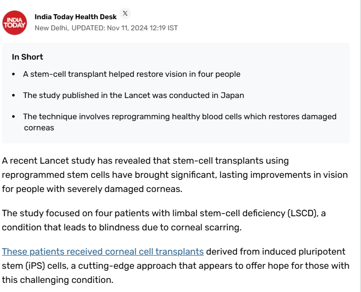 柳葉刀發布！全球首例干細胞治療幫助患者恢復視力，干細胞治療領域新突破！