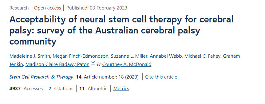 神經干細胞療法治療腦癱的可接受性:澳大利亞腦癱社區調查 神經干細胞療法治療腦癱的可接受性:澳大利亞腦癱社區調查