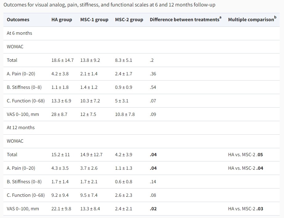 圖2：6個月和12個月隨訪中的視覺模擬、疼痛、僵硬和功能量表結果