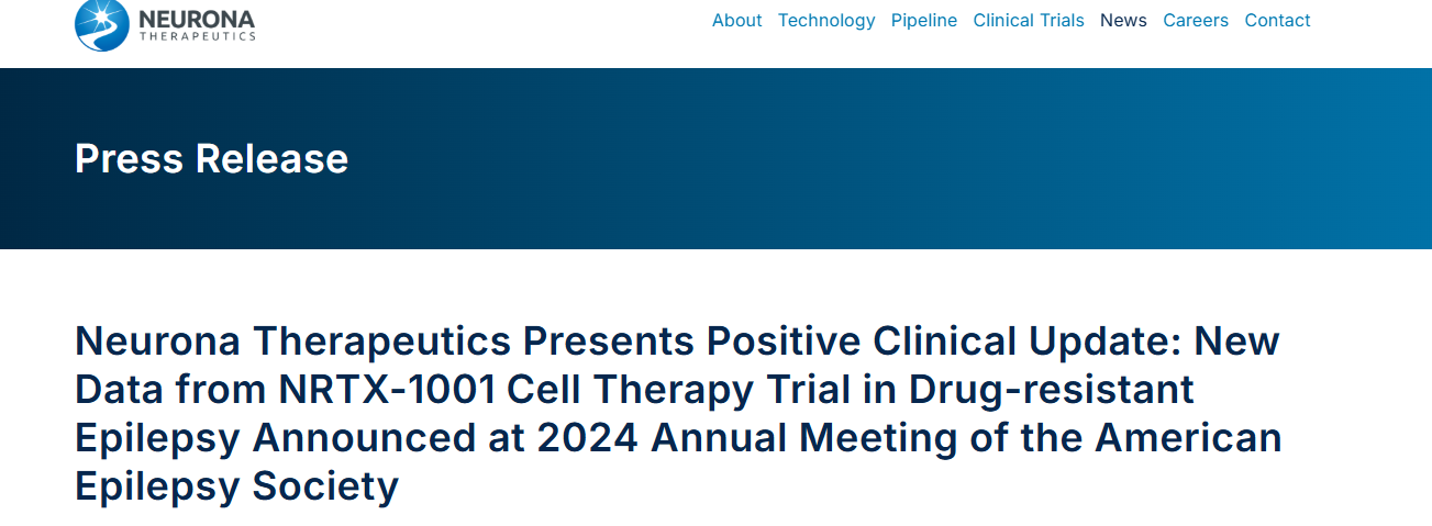 舊金山Neurona Therapeutics正在進行的多中心、開放標簽1/2 期臨床試驗中第一組（低劑量）和第二組（高劑量）的陽性臨床數據來自NRTX-1001。