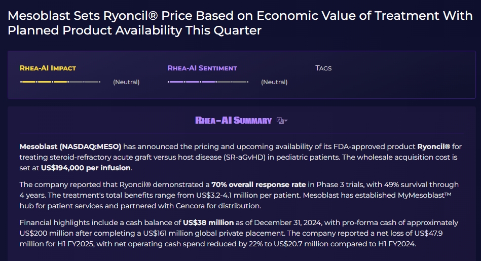 Mesoblast根據(jù)治療的經(jīng)濟價值確定Ryoncil?價格,預(yù)計本季度產(chǎn)品上市 Mesoblast根據(jù)治療的經(jīng)濟價值確定Ryoncil?價格,預(yù)計本季度產(chǎn)品上市